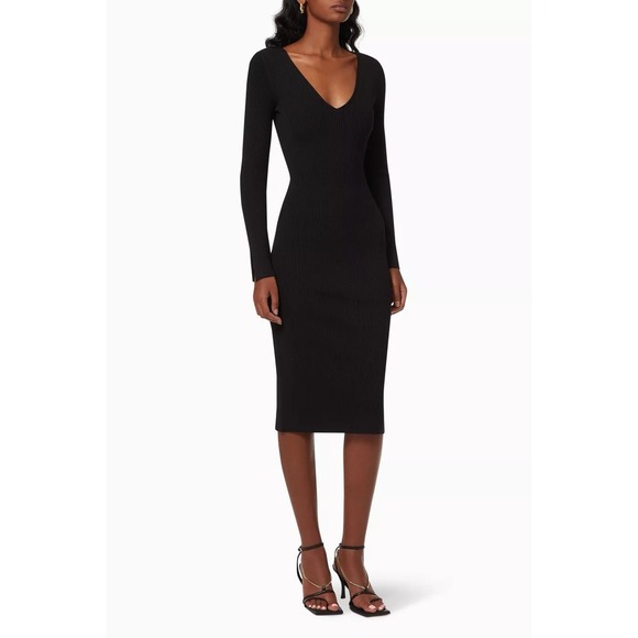 Jonathan Simkhai V-Neck Ribbed Stretchy Black Midi Dress Long Sleeve Cocktail - Picture 4 of 16